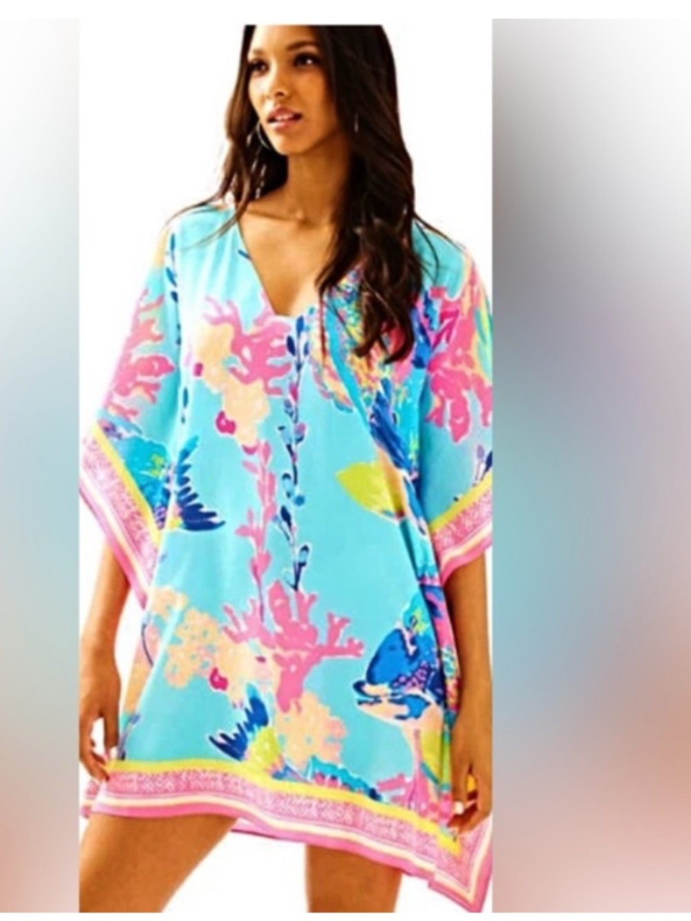 Lilly Pulitzer Lindamarie Shorely Blue Sandstorm 100% Silk Caftan Dress EUC XS